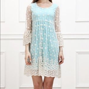 Cute Empire Waist dress, aqua-blue w/ lace overlay